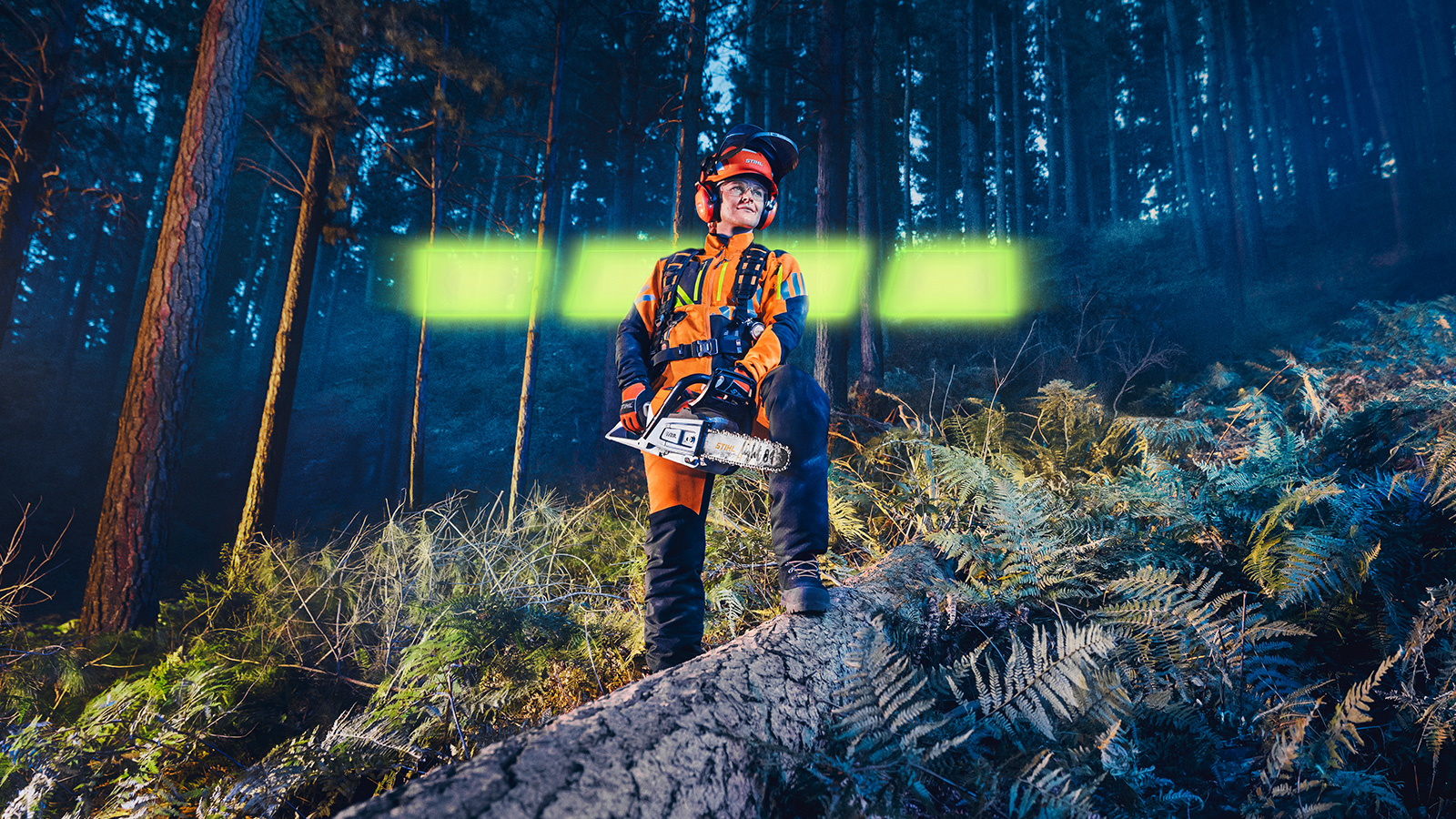 Professional using the STIHL MSA 260 battery chainsaw while standing on a felled tree during forestry work in a forest.